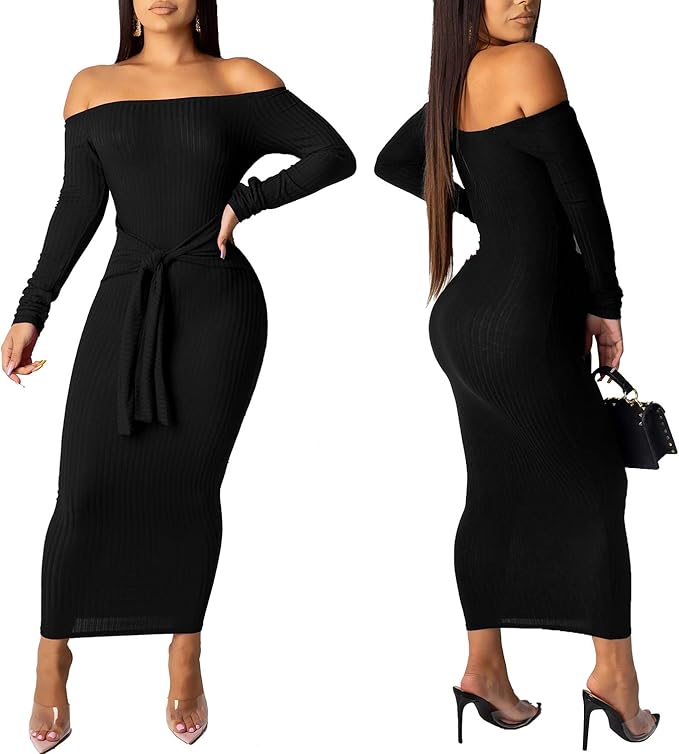 SheKiss Women's Off Shoulder Long Sleeves Bodycon Sweater Dress Sexy Knit Slim Cardigans