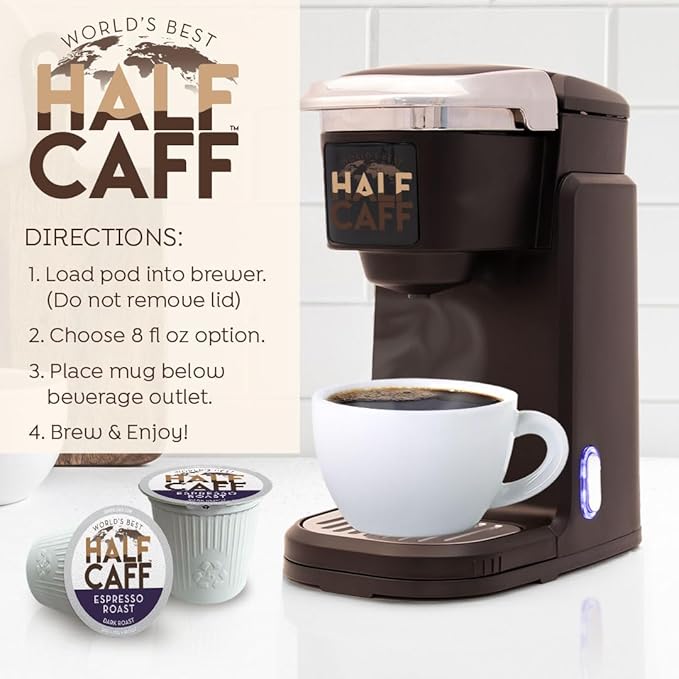 World's Best Half Caff Espresso Roast Coffee Pods, 100 ct, Dark Roast in Recyclable Single Serve Pods – 100% Arabica Coffee, Compatible with Keurig K Cups Maker