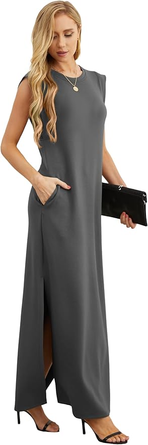 GRECERELLE 2026 Women Year-Round Casual Round Neck Loose Split Wrinkle-Free Long Maxi Vacation Dress with Pockets (XXS-4XL)