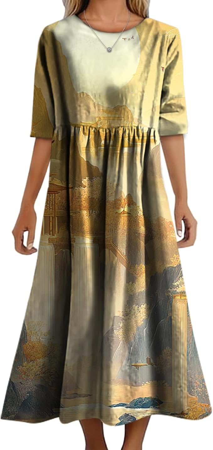 MARSVOVO Trendy Dresses for Women 2025 Classic Fairy Flowy Sundress Relaxed Fit Dress with Side Pockets
