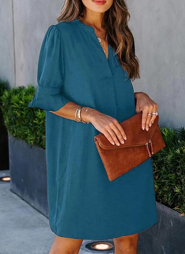 Wkior Shift Dress for Women V Neck Short Sleeves Solid Color Casual Flowy Summer Dresses(S-2XL)