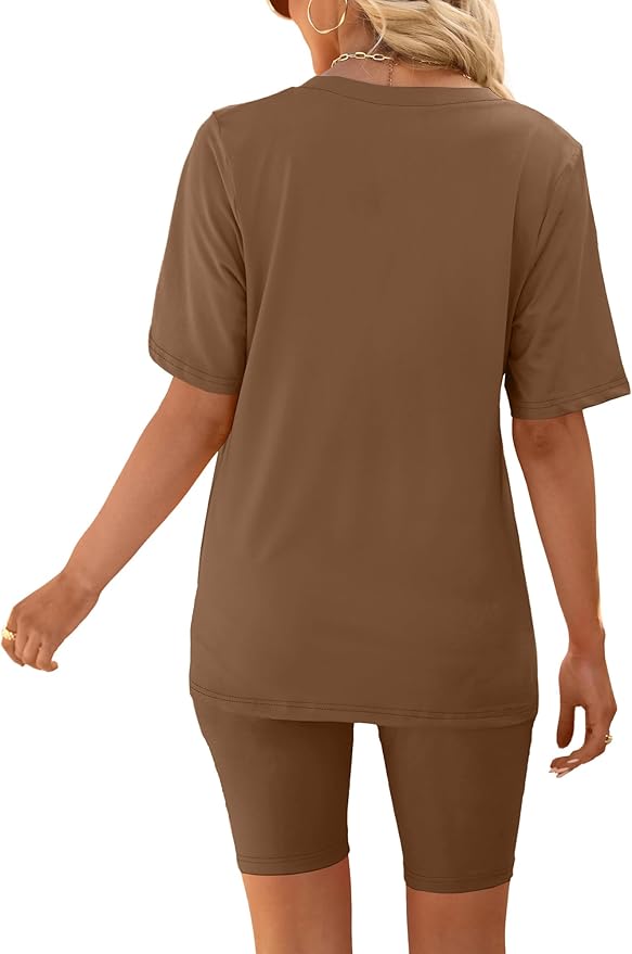 AGSEEM Two Piece Outfits For Women Summer V Neck T-Shirt Tops Biker Shorts Workout Sports Tracksuit