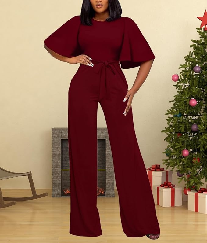 BessCops Womens Loose Short Sleeve Belted Wide Leg Pant Romper Jumpsuit Casual Business One Piece Outfits