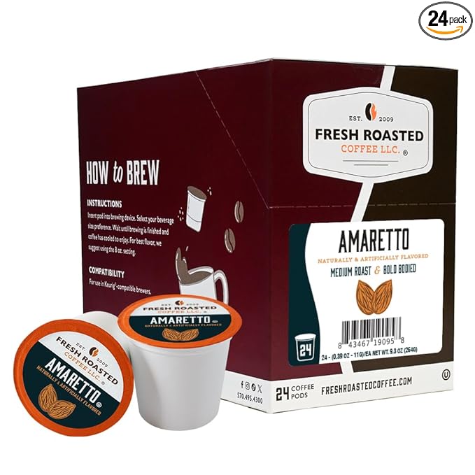 Fresh Roasted Coffee,Amaretto, Flavored Coffee Pods, K-Cup Compatible, 24 Count