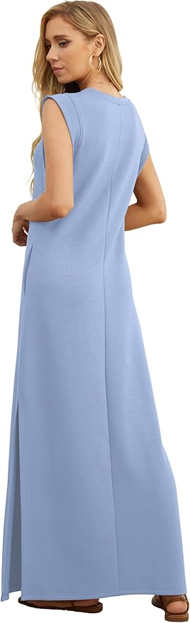 GRECERELLE 2026 Women Year-Round Casual Round Neck Loose Split Wrinkle-Free Long Maxi Vacation Dress with Pockets (XXS-4XL)