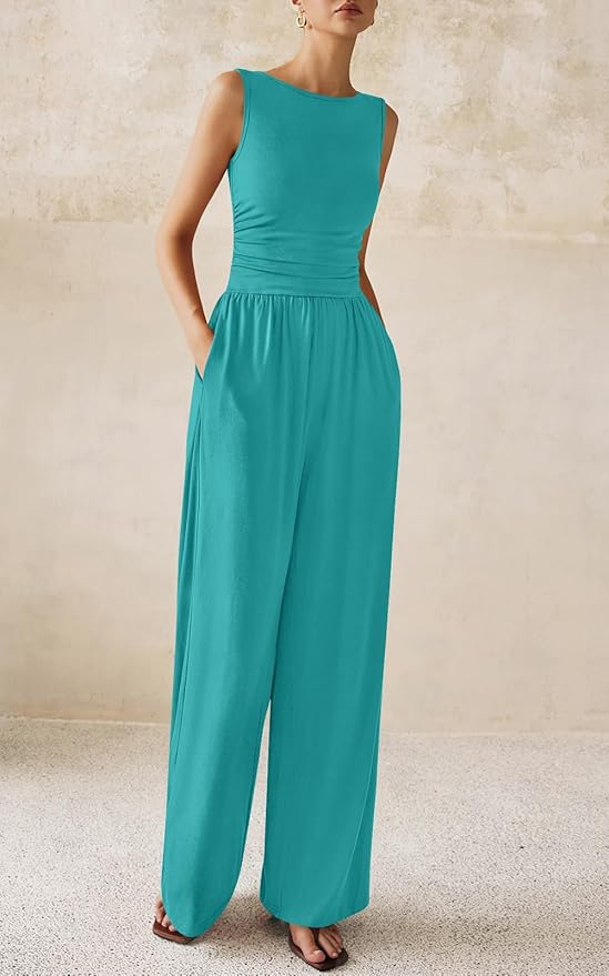 PRETTYGARDEN One Piece Jumpsuits for Women Dressy Casual Sleeveless Crewneck Wide Leg Rompers Jumpers Vacation Summer Outfits