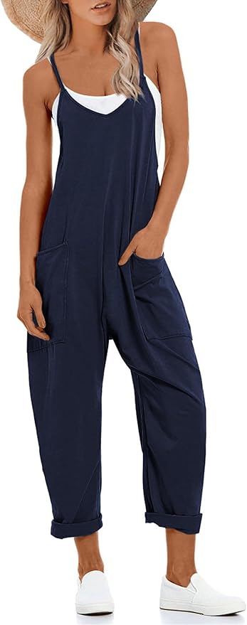 Lentta Women's Causal Jumpsuits V Neck Sleeveless Harem Overalls Stretchy Adjustable Strap Romper with Pockets