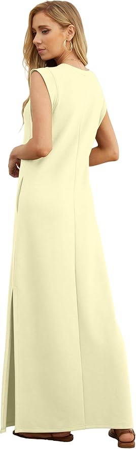 GRECERELLE 2026 Women Year-Round Casual Round Neck Loose Split Wrinkle-Free Long Maxi Vacation Dress with Pockets (XXS-4XL)