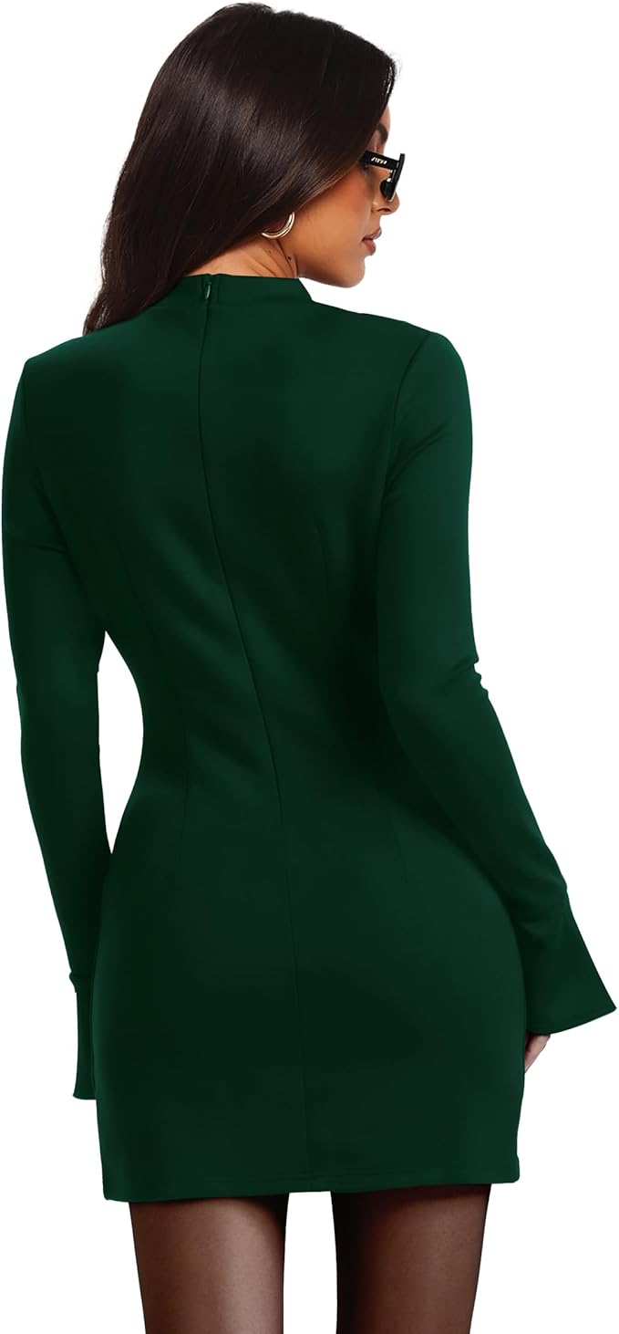 OFEEFAN Women's Fall Long Sleeve Mock Neck Dress Basic Party Club Bodycon Mini Dresses
