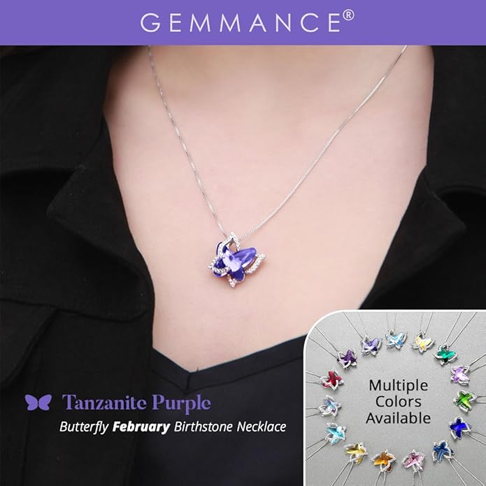 GEMMANCE Gift Butterfly Birthstone Crystal Necklace, Silver Tone with 18”+2” Chain, Necklace for Mother’s Day Anniversary Birthday Gifts for Women and Daughter, Valentine's Day