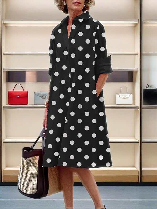 Womens 2025 Long Sleeve Button Down Shirt Summer Dress Casual V Neck Loose Fit Midi Shirt Dresses with Pockets