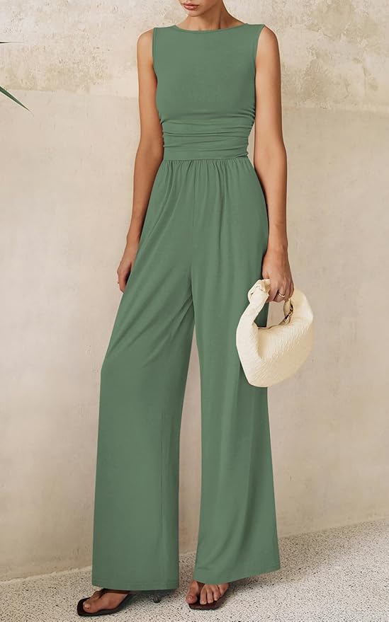 PRETTYGARDEN One Piece Jumpsuits for Women Dressy Casual Sleeveless Crewneck Wide Leg Rompers Jumpers Vacation Summer Outfits