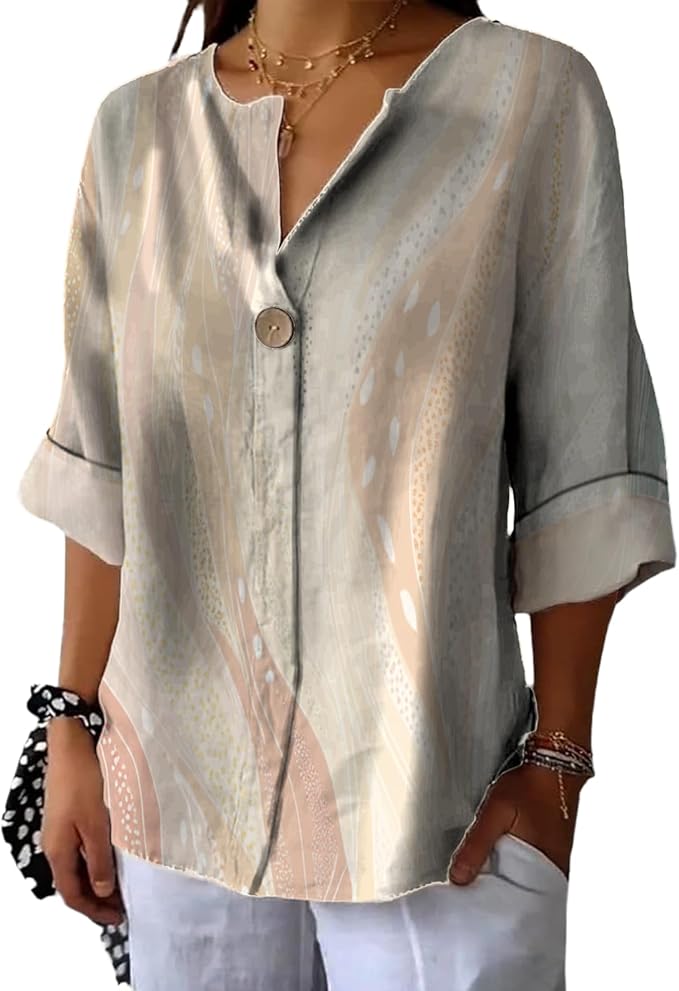 Long Sleeve Shirts for Women V Neck Button Boho Graphic Blouses Casual Collared Fashion Summer Flowing Tops