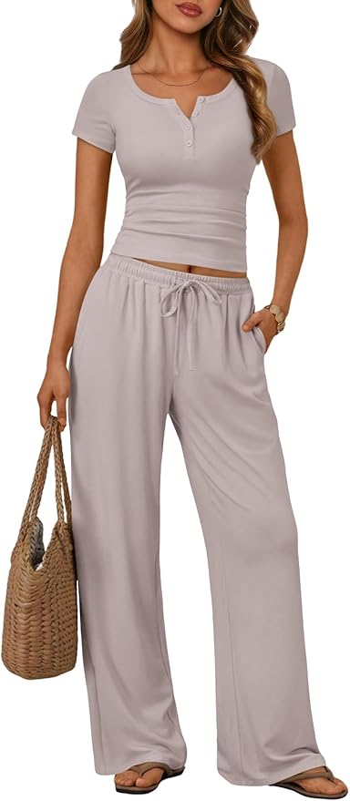 Trendy Queen Women's 2 Piece Matching Lounge Sets Summer Henley Neck Slightly Crop Top Wide Leg Pants Casual Sweat Suit