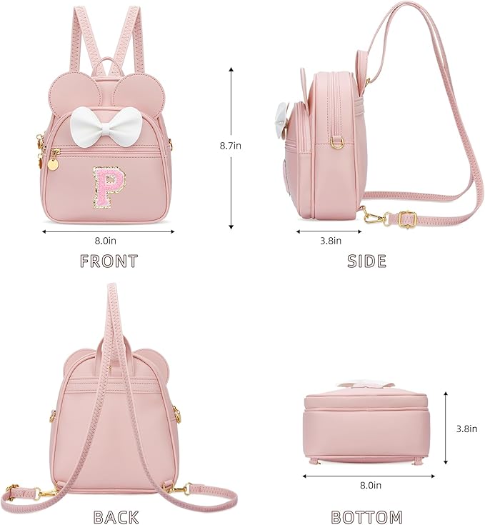 KKXIU Girls Initial Bowknot Cute Mini Backpack for Toddler, Travel Small Girl Backpacks, Personalized Valentine's Day Gifts for Little Girls and Kids(P, Pink)
