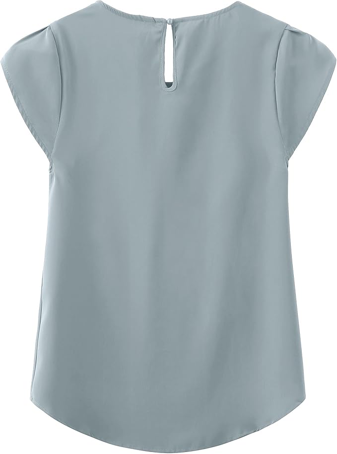 TASAMO Women's Casual Round Neck Basic Pleated Top Cap Sleeve Curved Keyhole Back Chiffon Blouse