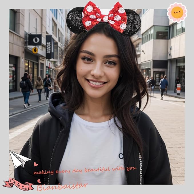 bianbaistar Sequin Mouse Ears，Black and Red Polka Dot Mouse Ear Headband for Holiday or Amusement Park Accessories，Princess Dress Up Hair Accessory