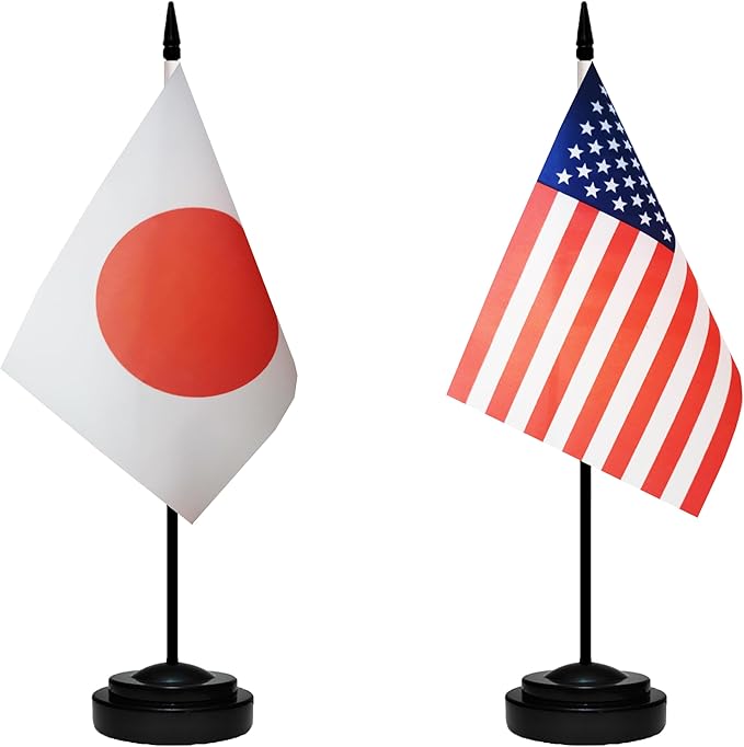 USA American & Japan Japanese Desk Flags, US Japan Office Table Flag, Small Mini Miniature Japanese and US Desktop Flag With 13" Solid Black Pole, Black Base