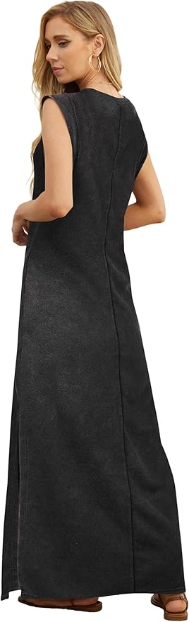 GRECERELLE 2026 Women Year-Round Casual Round Neck Loose Split Wrinkle-Free Long Maxi Vacation Dress with Pockets (XXS-4XL)