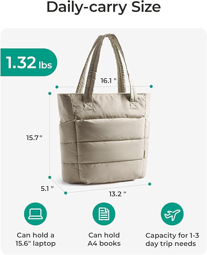 BAGSMART Tote Bag for Women, Lightweight Puffy Tote Bag with Compartments Shoulder Bag Handbag for Travel, Work, Gym | Lightweight, Puffy, Tote Bag with Compartments, Quilted, for Travel, Work