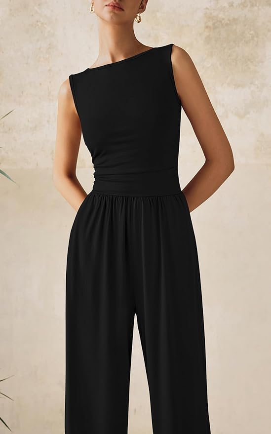 PRETTYGARDEN One Piece Jumpsuits for Women Dressy Casual Sleeveless Crewneck Wide Leg Rompers Jumpers Vacation Summer Outfits