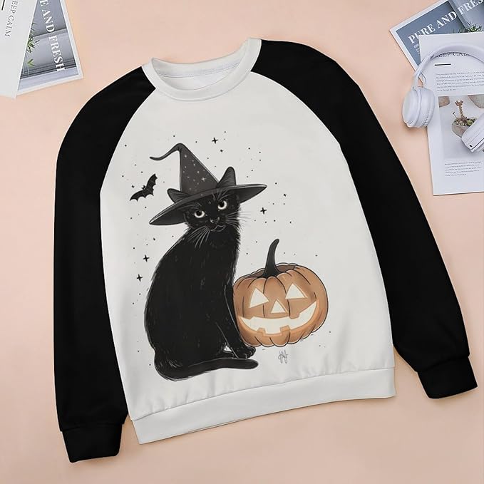 Spatofa Womens novelty funny cat printed crewneck sweatshirt casual loose long sleeve graphic pullover sweatshirts tops