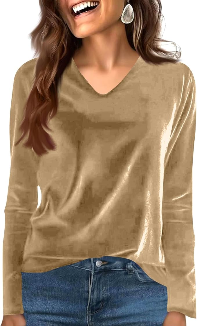 Velvet Tops for Women Dressy Casual V Neck Shirts Loose Fit Vintage Long Sleeve Velour Blouse Solid Holiday Party Outfits