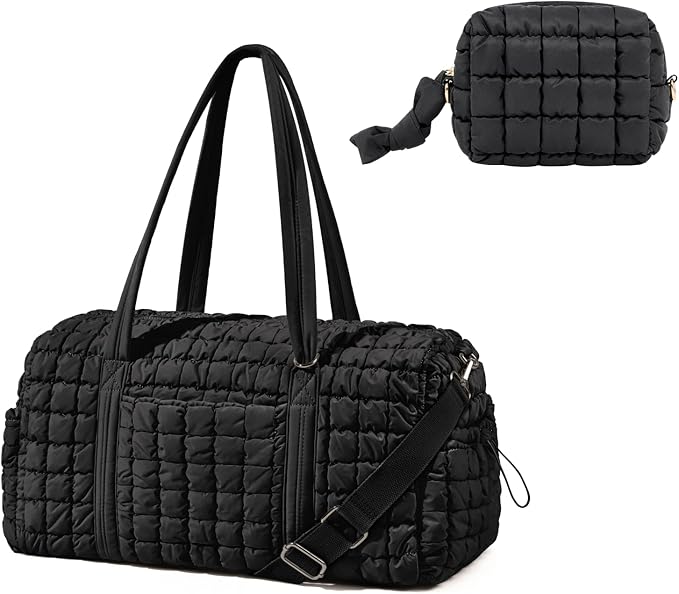 Quilted Travel Duffle Bag for Women with Toiletry Bag Weekender Bag Large Puffer Overnight Bags Soft Medium Puffy Duffel Bag Lightweight Carry on Gym Bagfor Trips Business Airplane
