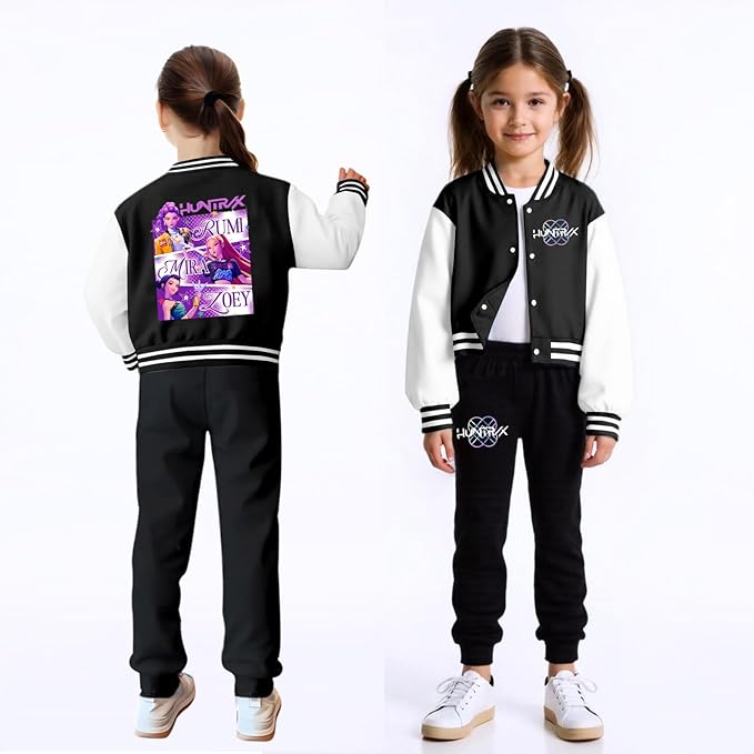 K PopGirls Kpop Tracksuit Cute Cartoon Print Baseball Coats Fashion Long Sleeve Jackets and Pants Christmas Costume Set