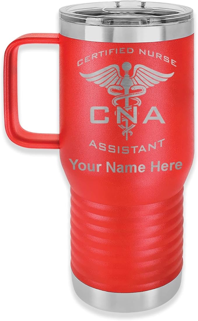 LaserGram 20oz Vacuum Insulated Travel Mug with Handle, CNA Certified Nurse Assistant, Personalized Engraving Included (Red)