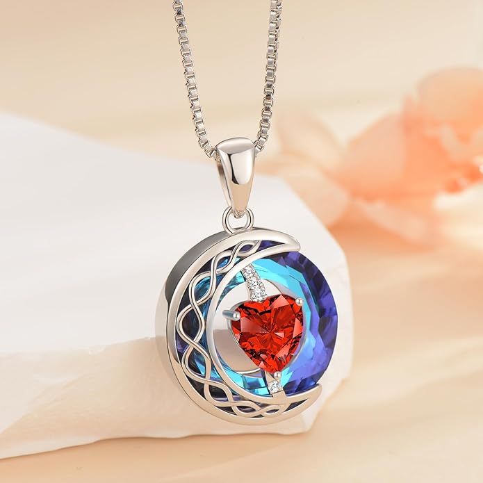LIANYU Necklace for Womens Blue Sapphire Necklace Moon Pendant S925 Sterling Silver Crystal Jewelry for Women Pendant Birthday Gifts for Wife Gifts Valentine Anniversary