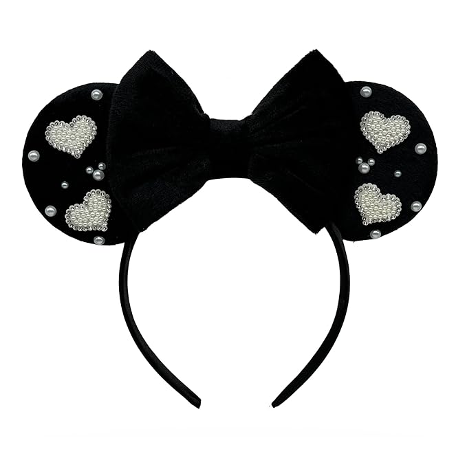 WW-WONDERFULWORLD Pearl Hearts Mouse Ears Headband, Black Velvet Bow, Rhinestone Decorations, Adjustable Valentine's Day Costume Accessory, Party Cosplay; FG8BAX