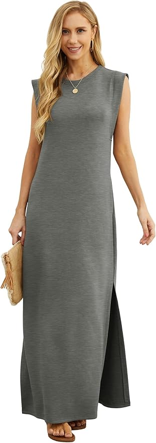 GRECERELLE 2026 Women Year-Round Casual Round Neck Loose Split Wrinkle-Free Long Maxi Vacation Dress with Pockets (XXS-4XL)