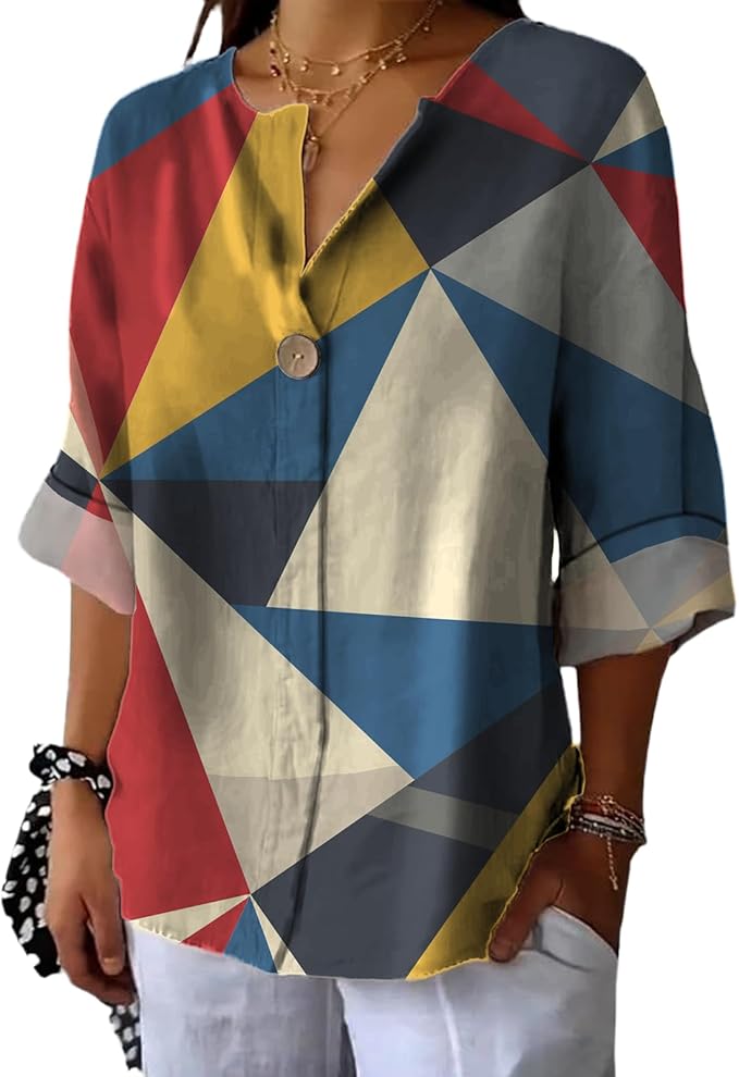 Long Sleeve Shirts for Women V Neck Button Boho Graphic Blouses Casual Collared Fashion Summer Flowing Tops