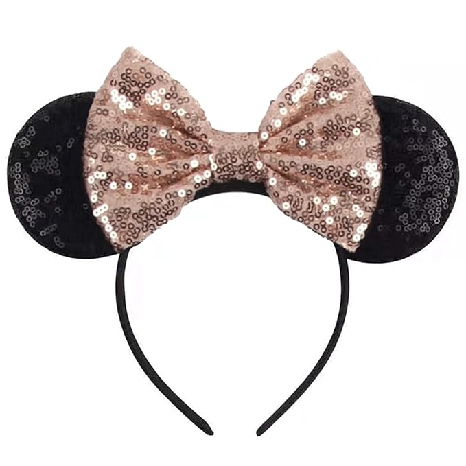 Seamoy Sequin Rose Gold Minnie Headband with Mouse Ears and Bow, Sparkle Park Princess Ears for Women Girls (Gold Bow and Black)