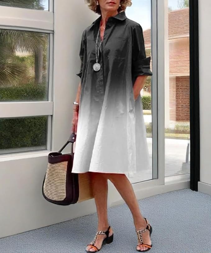 Womens 2025 Long Sleeve Button Down Shirt Summer Dress Casual V Neck Loose Fit Midi Shirt Dresses with Pockets