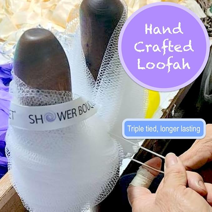 SHOWER BOUQUET Loofah-Charcoal Back-Scrubber & Bath-Sponge Set // 1 Long-Handle-Back-Brush Plus 2 Extra Large 75g Soft Mesh Loofa-Lufa-Loufa Puff Poufs, Men & Women - Exfoliate with Full Pure Cleanse