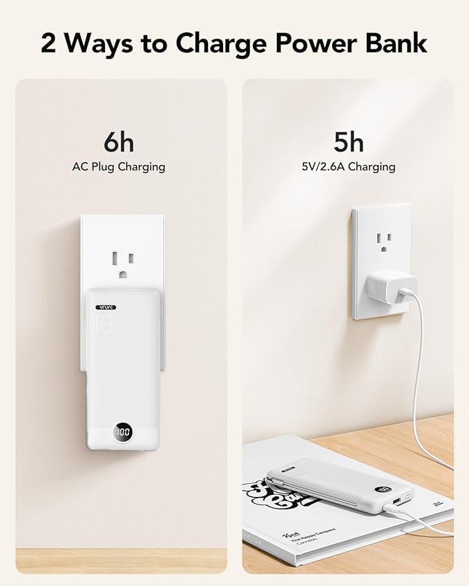VRURC Portable Charger with Cables and Wall Plug | Power Bank with Cords | 10000mAh Portable Charger with AC Plug | External Battery Pack (Pure White)