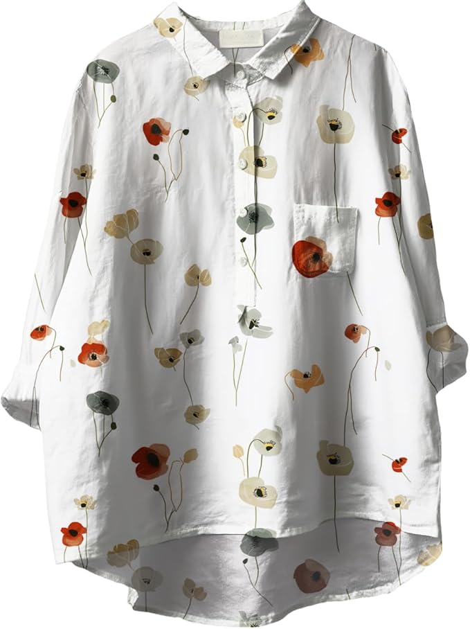 Women Funny Graphic Long Sleeve Floral Blouses Plus Size Button Shirts Casual Cute Vneck Fall Tunic Tops Trendy