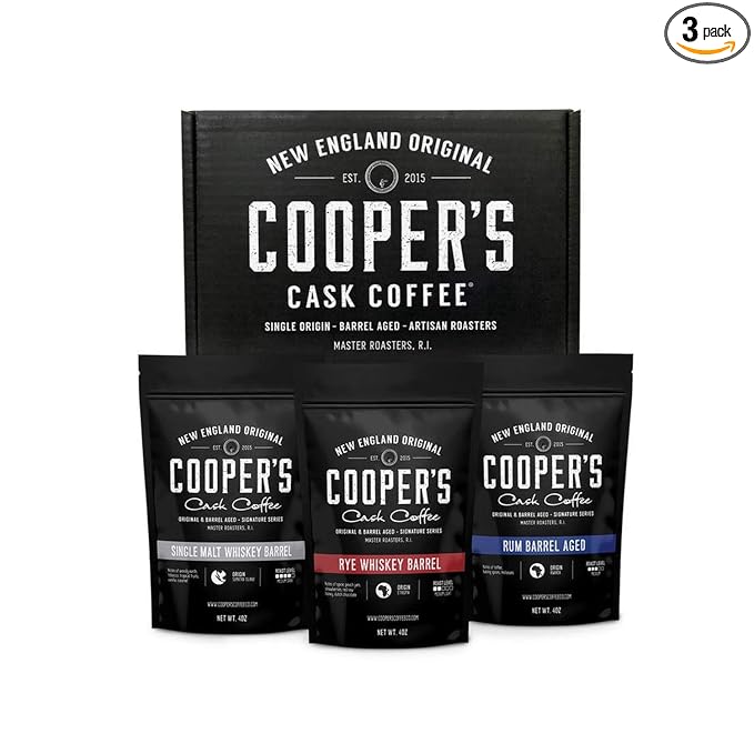 Bourbon Barrel Aged Coffee Ground Set, Single Origin Sumatra Whiskey, Ethiopian Rye, Rwanda Rum Roasted Coffee Beans (Ground, 4 Ounce (Pack of 3))