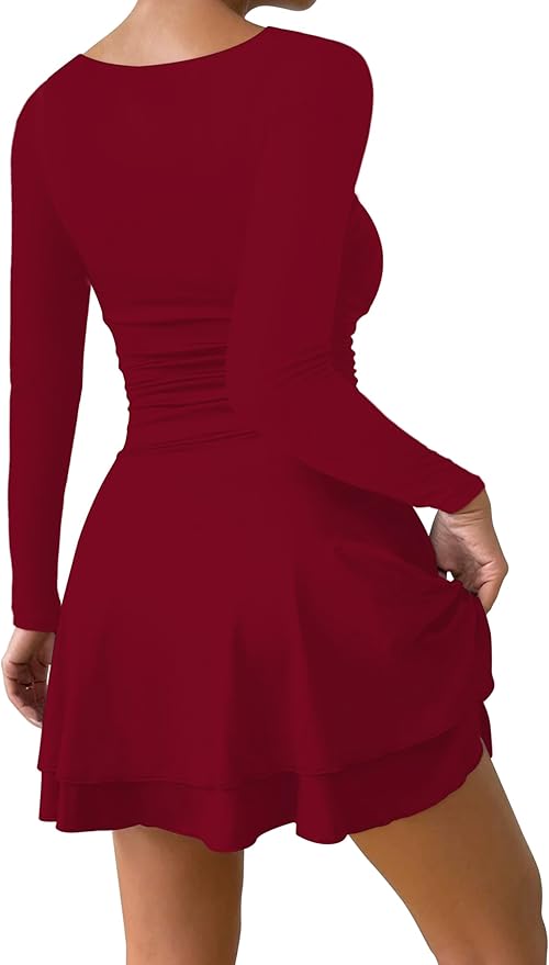 IWD Women's Square Neck Long Sleeve Mini Dress Ruched Corset Waist Tiered Ruffle Hem A Line Short Party Dresses