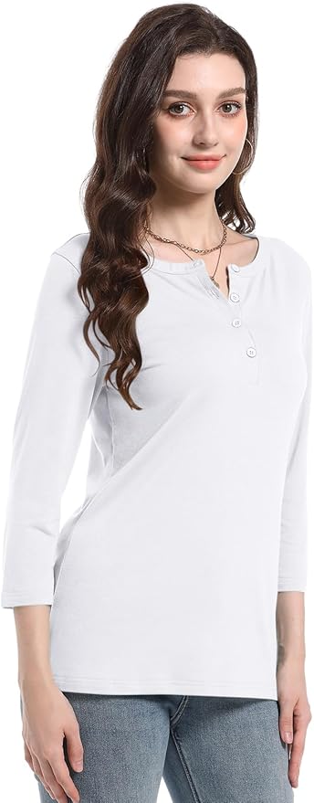 PGANDS Women's 3/4 Length Sleeve T Shirts Button Down Scoop Neck Casual Tops