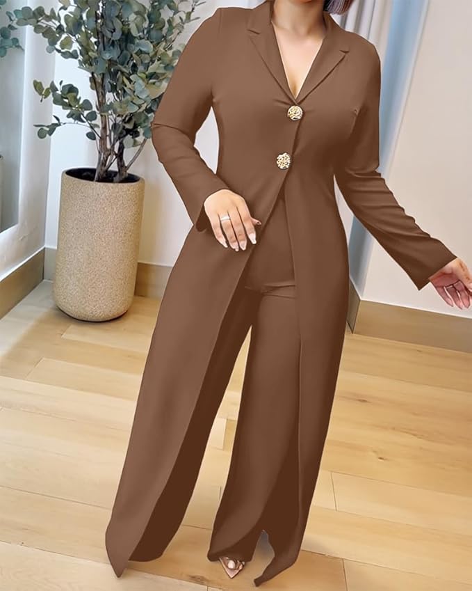 CHICME Womens Faux Two Piece Jumpsuits Casual Dressy Long Sleeve V Neck Wide Leg One Piece Outfits