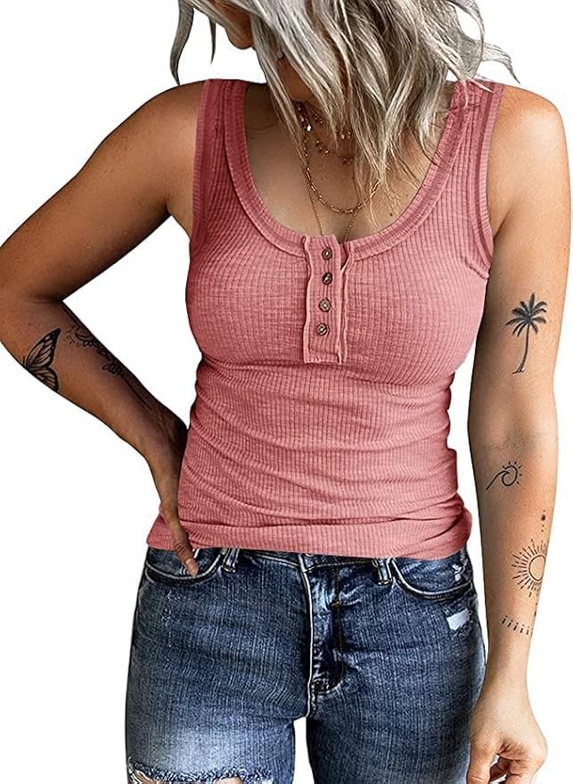 KINLONSAIR Women's Sleeveless Henley Tank Tops Ribbed V Neck Button Down T Shirts Summer Slim Fit Tee Tops