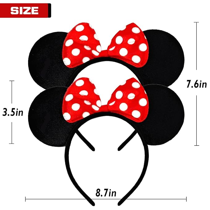 MADO 2 pack mouse ears headbands for adults women little girls boys (red polka dot, onesize)