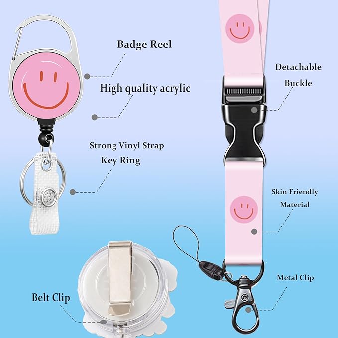 Lanyard for ID Badge Holder Badge Reel Cute Fun Pink Smiley for Man Women Cute Nurse Teacher Name Tag Clip Retractable Keychain Heavy Duty Work Office Gifts Accessories