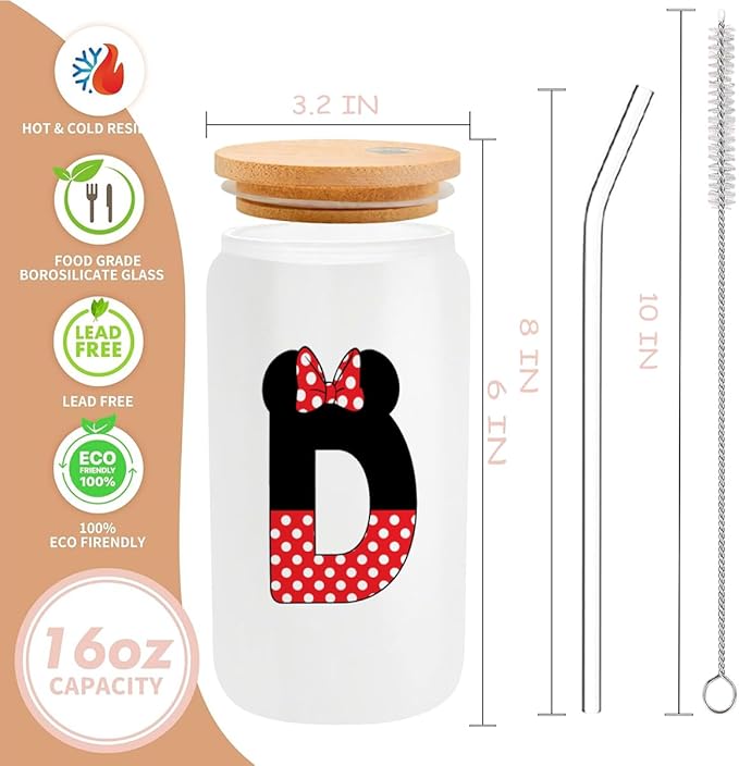 Cute Cartoon Mouse Lover Gifts Initial A-Z Personalized Iced Coffee Cup Magic Mouse Stuff Wizard Gift 16oz Glass Cup with Lid and Straws Birthday Christmas Gifts for Women Teen Girls (Letter D)