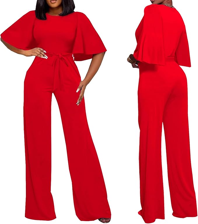 BessCops Womens Loose Short Sleeve Belted Wide Leg Pant Romper Jumpsuit Casual Business One Piece Outfits