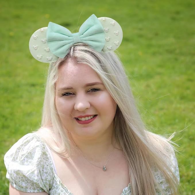 Trnerm Mint Green Fuzzy Mouse Ears Headband for Women, Cute Beads Headband with Bows，Halloween Costume Accessory