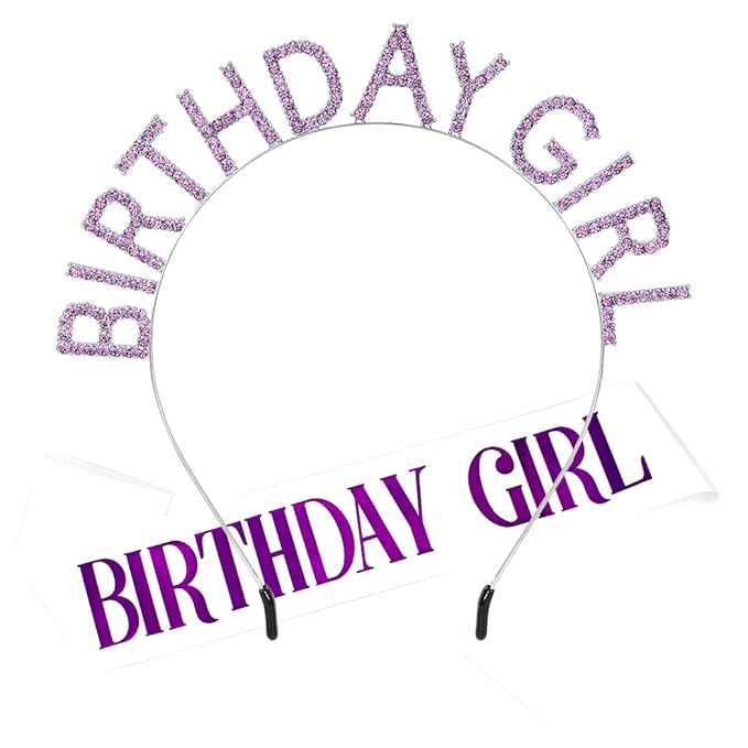 AOPRIE Birthday Girl Sash Crown for Women Happy Birthday Tiara for Women Headband Princess Crown Rhinestone Accessories Silver Purple